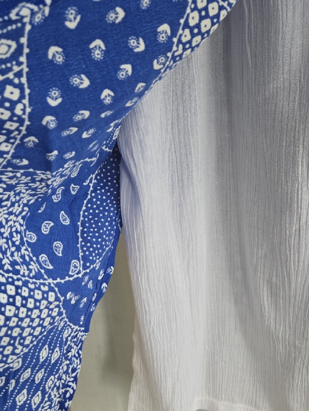 Adolfo Blue Patchwork Print Short Sleeve Button-Down with White Placket - Picture 6 of 13